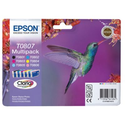 Epson Hummingbird T0807 Claria Photographic Ink, Ink Cartridge, Black, Cyan, Magenta, Yellow, Light Cyan, Light Magenta Multipack, C13T08074010 (package 6 each) Epson Hummingbird T0807 Claria Photographic Ink, Ink Cartridge, Black, Cyan, Magenta, Yellow, Light Cyan, Light Magenta Multipack, C13T08074010 (package 6 each)